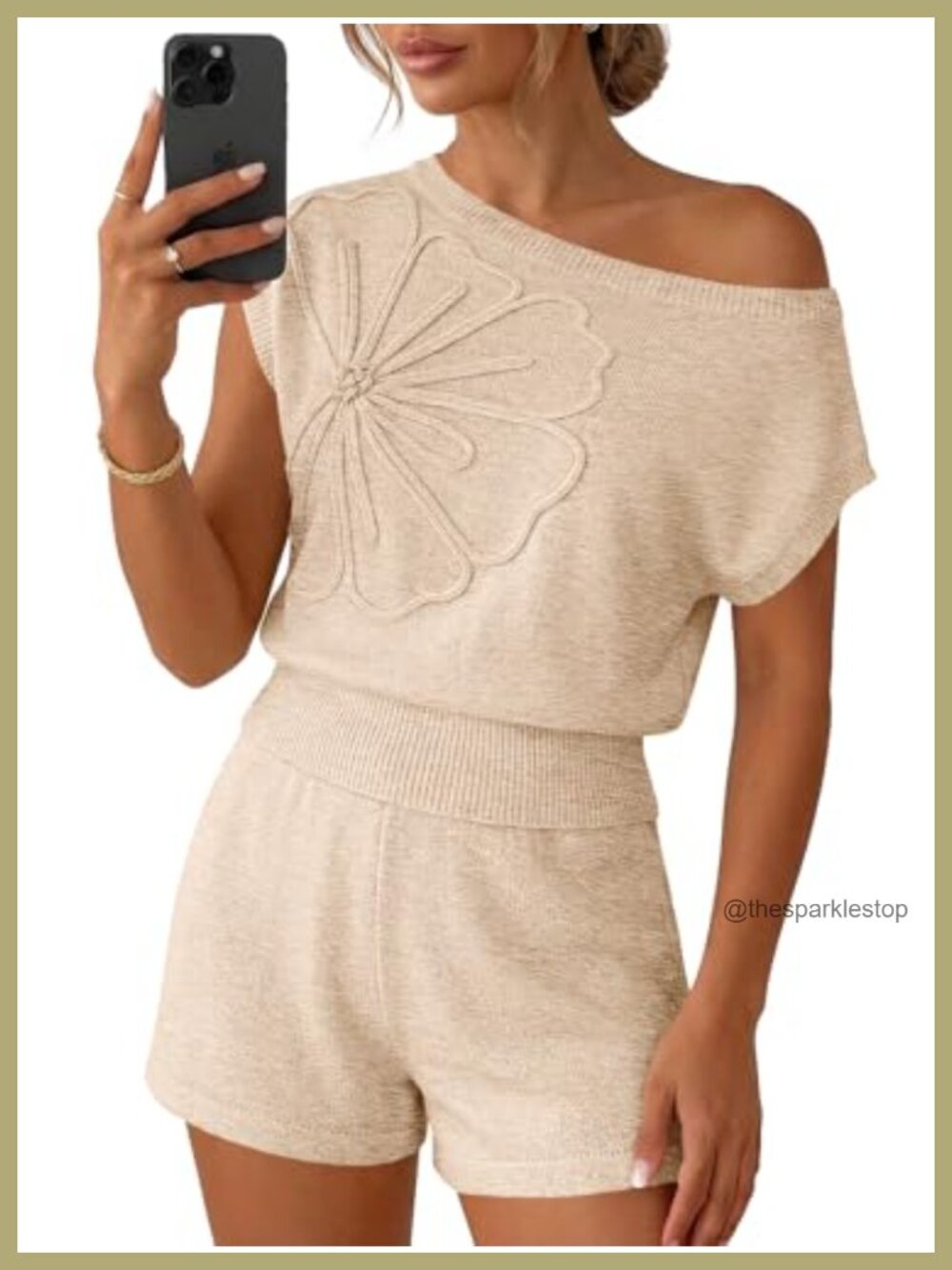 Womens 2 Piece Sweater Short Set Boat Neck Floral Applique Ribbed Knit Lounge